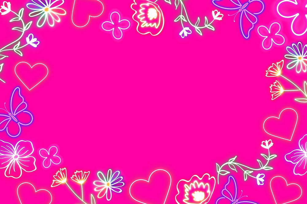 Neon heart frame pink background