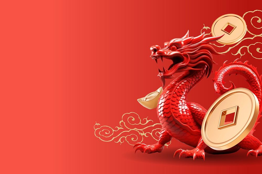 3D Chinese dragon year red background