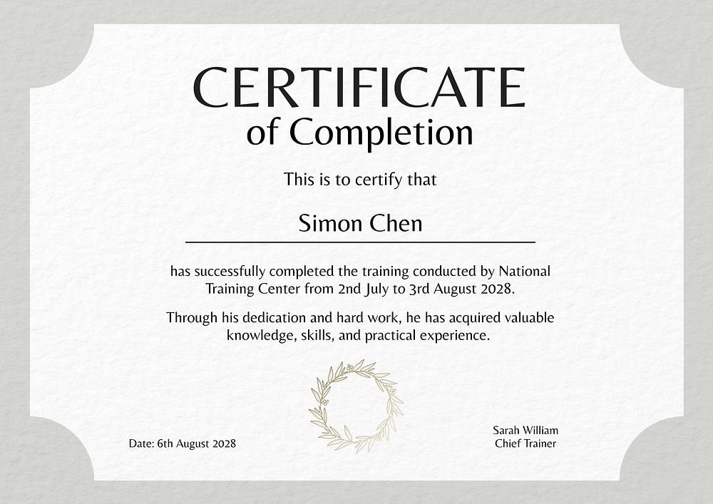 Completion certificate template
