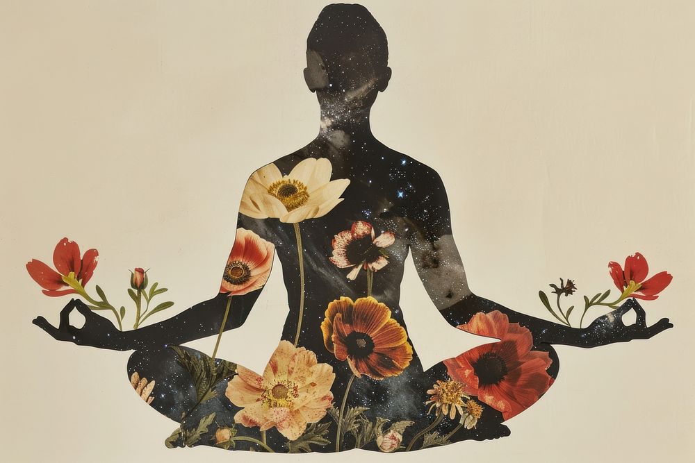 Silhouette woman doing meditation flower painting graphics.