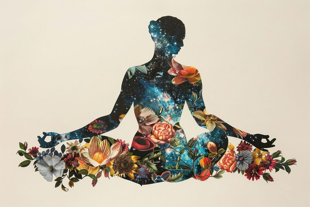 Silhouette woman doing meditation flower recreation graphics.
