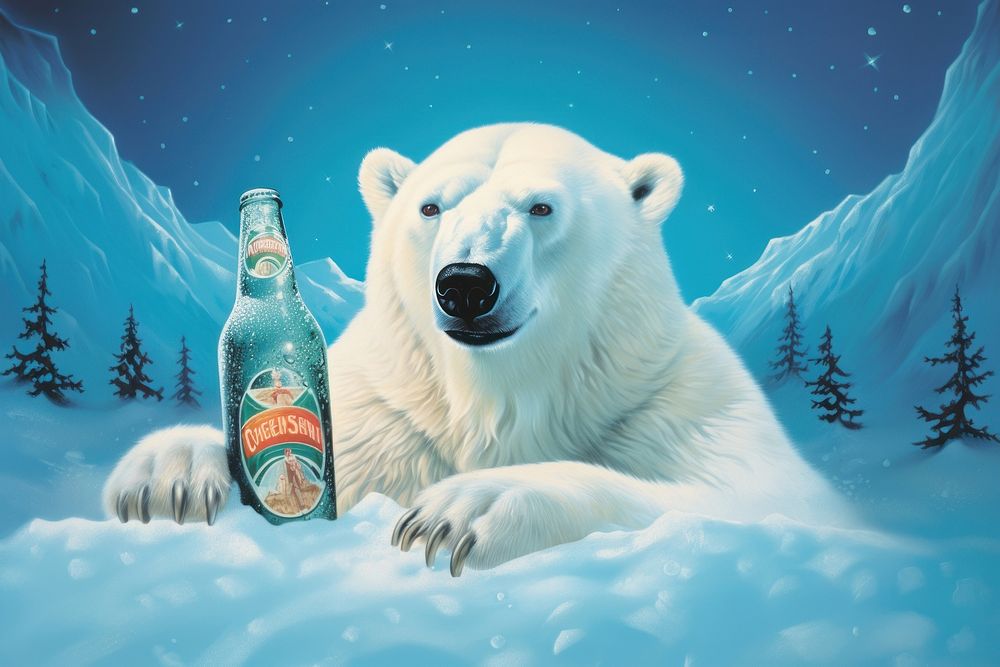 Polar bear with beer wildlife beverage alcohol.