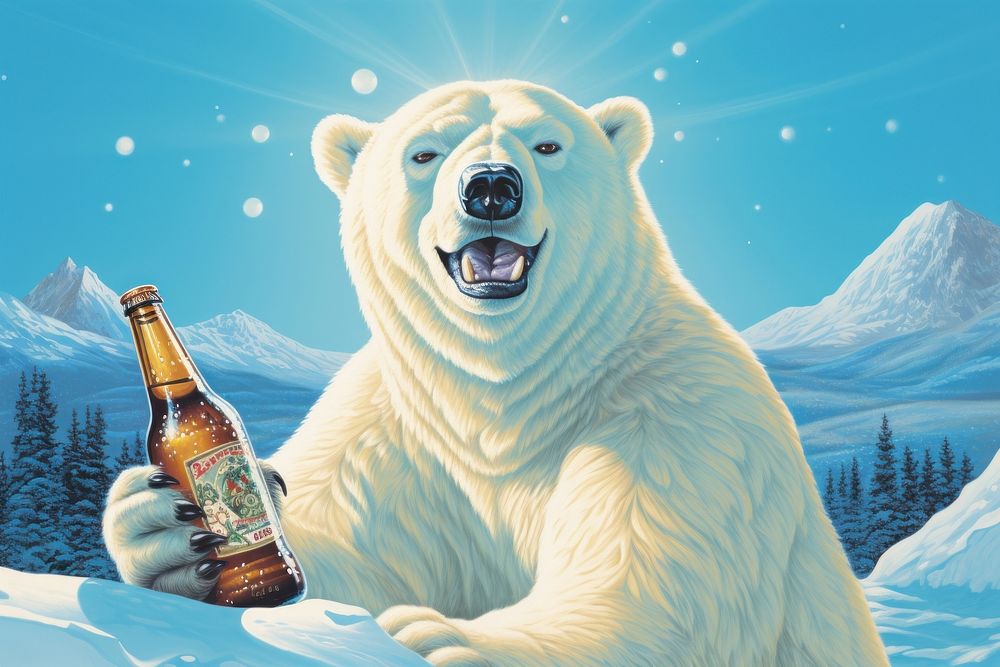 Polar bear drink beer bottle beverage wildlife.