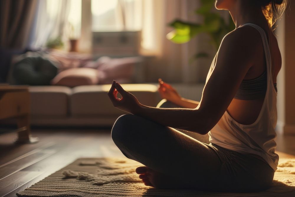 Woman doing yoga exercise fitness sitting.