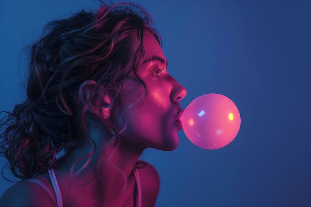 Woman blowing bubble gum balloon female person.