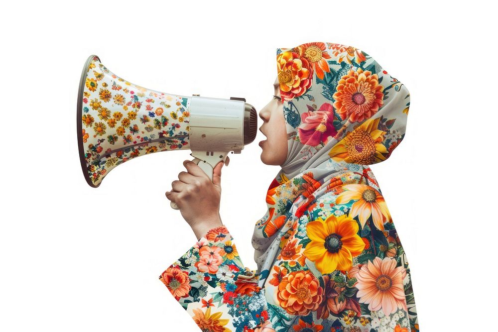 Muslim girl holding megaphone appliance shouting clothing.