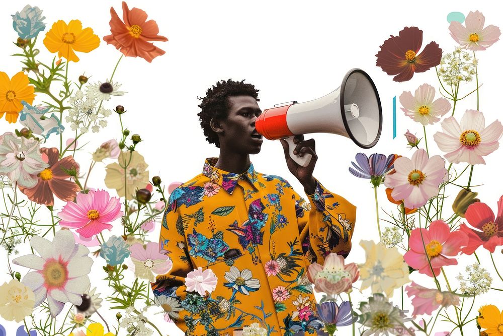 Black boy holding megaphone flower electronics photography.