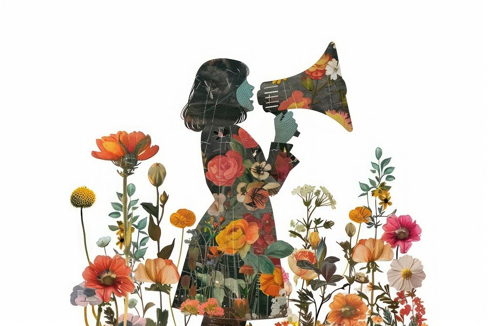 Girl holding a megaphone pattern collage flower.