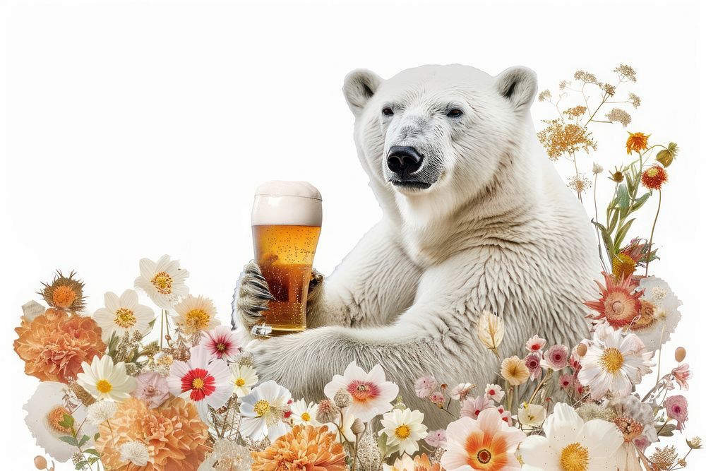 Polar bear holding beer flower wildlife beverage.