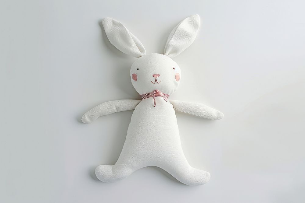 Fabric rabbit toy outdoors snowman person.