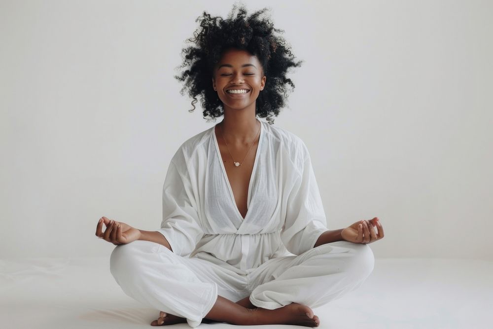 Happy black woman meditating accessories accessory exercise.