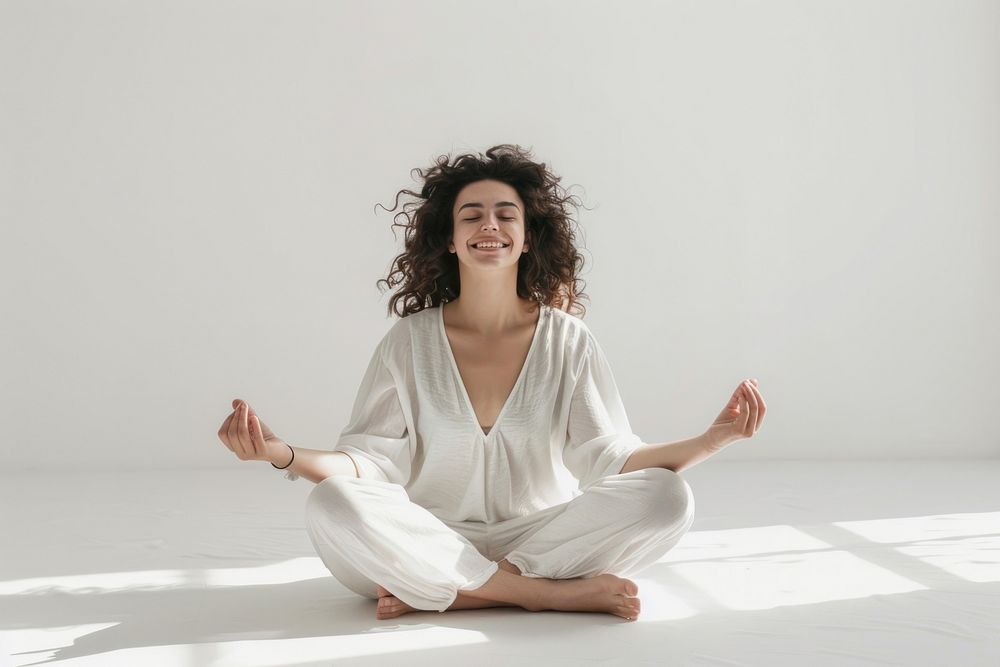 Happy woman meditating clothing exercise apparel.