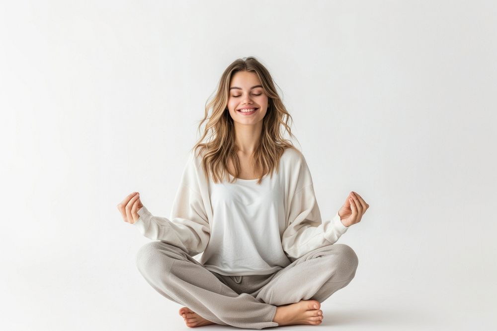 Happy woman meditating clothing exercise sitting.