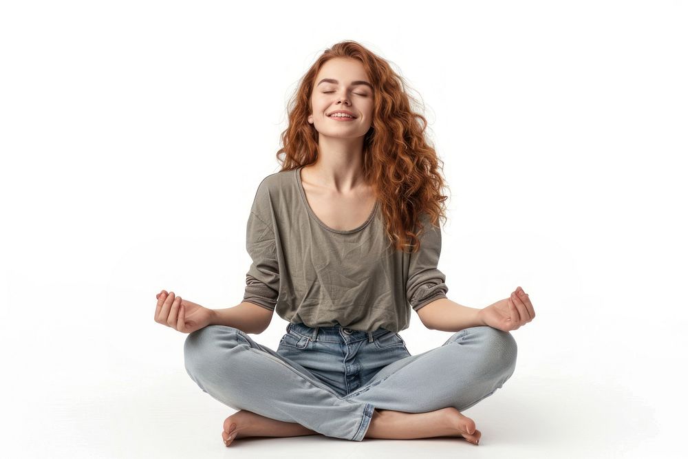 Happy woman meditating exercise sitting fitness.