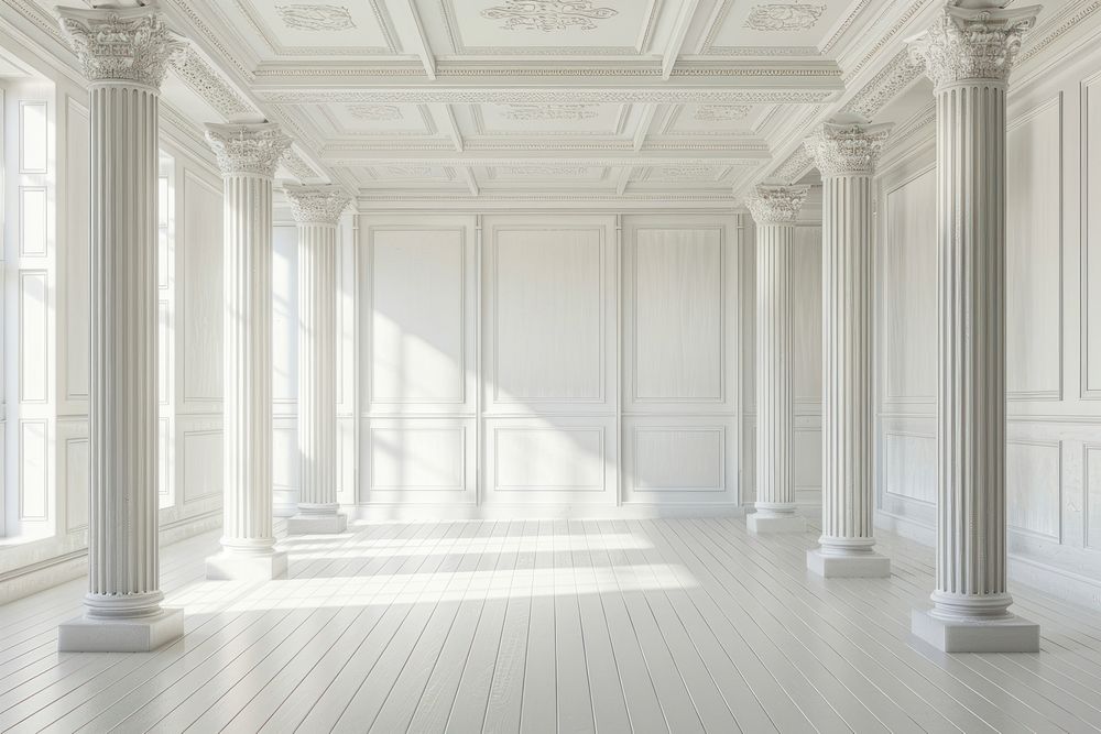 White room with antique pillars architecture ballroom building.