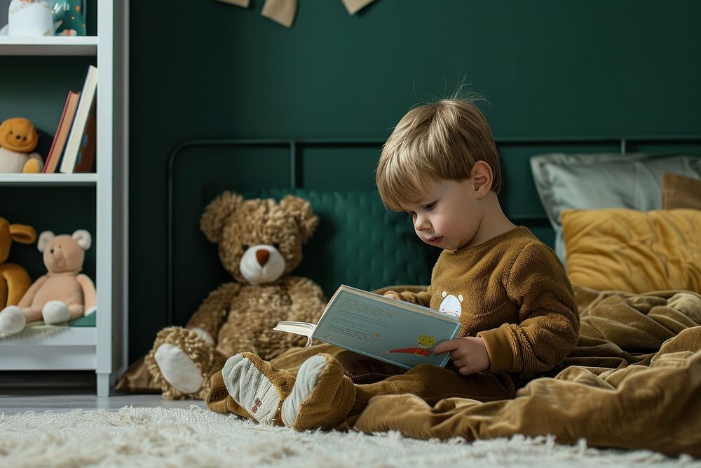 Teacher teaching a book child teddy bear reading.