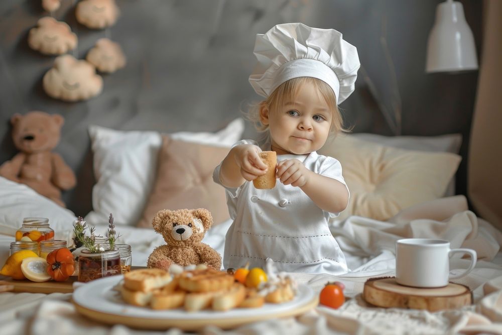 Child playing teddy bear food clothing apparel.