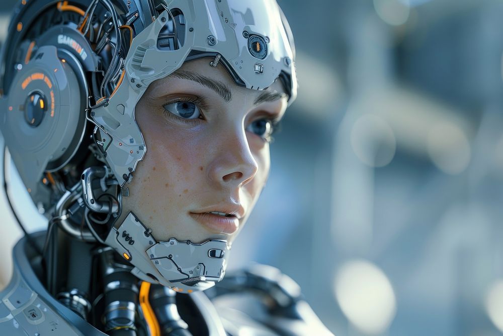 AI robot human person helmet.