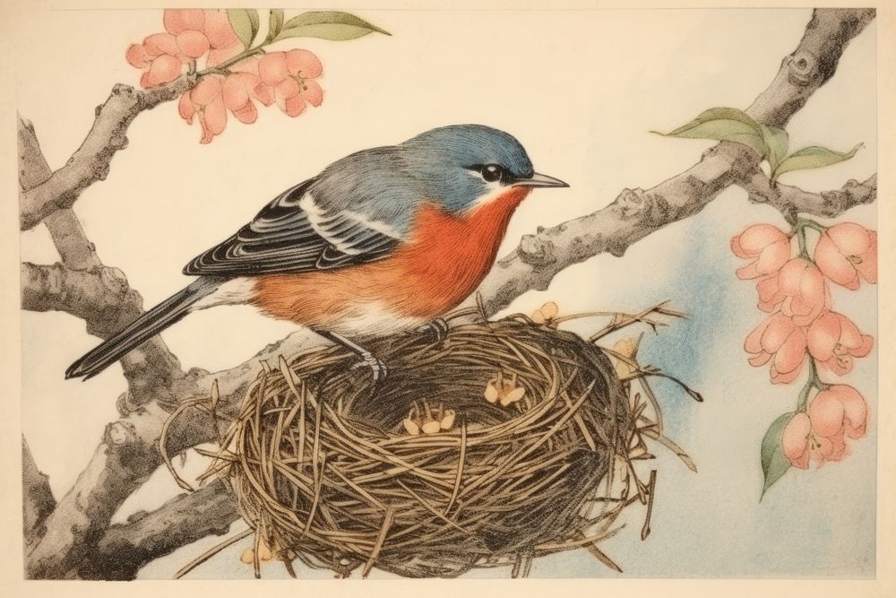 Robin bird in nest painting animal finch.