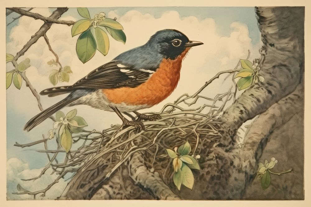 Robin bird in nest painting animal beak.