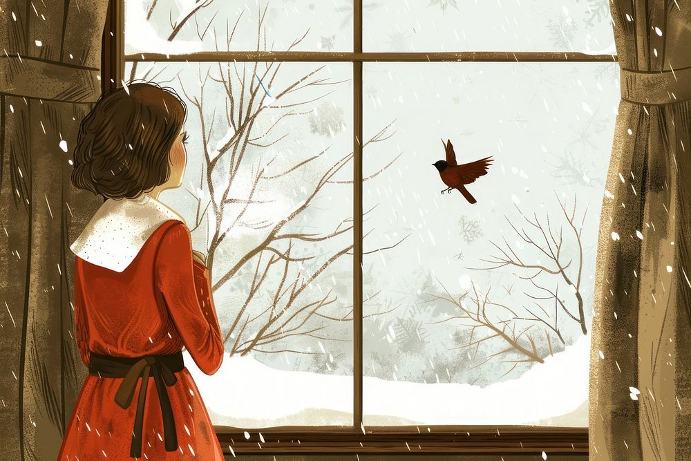 Vintage illustration robin bird winter girl outdoors.