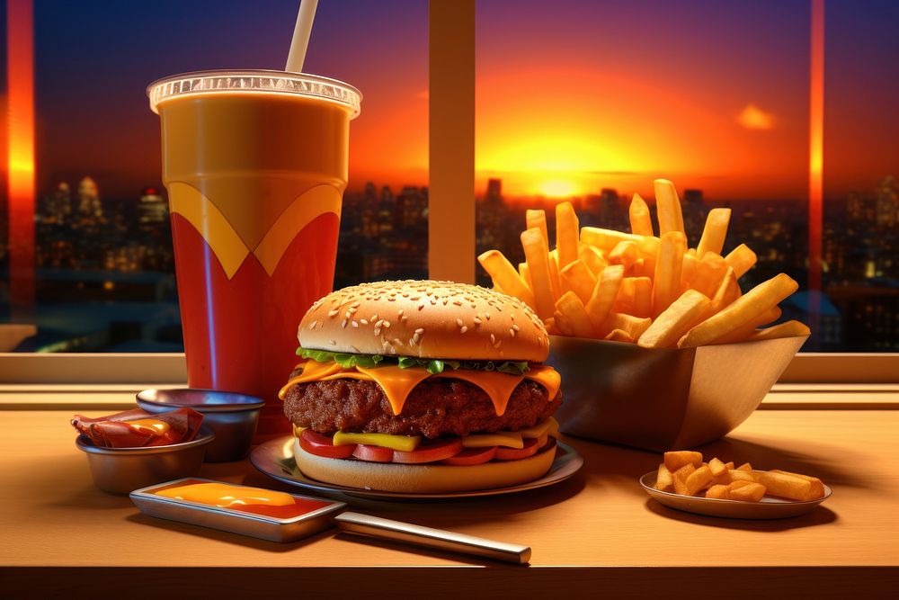Fast food burger fries ketchup.