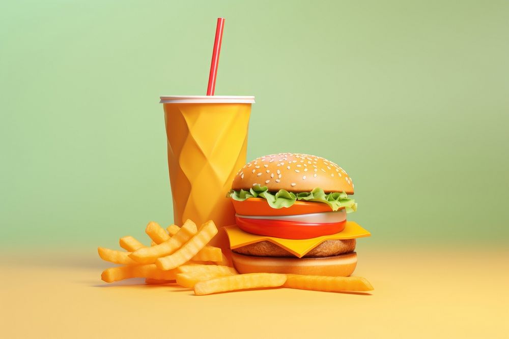 Fast food burger drink fries.