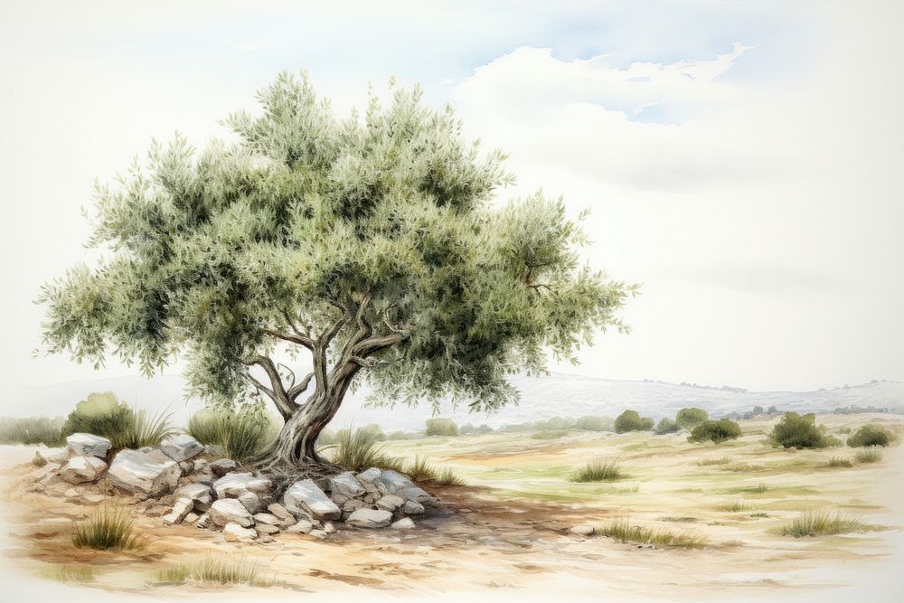 Olive tree painting vegetation landscape.