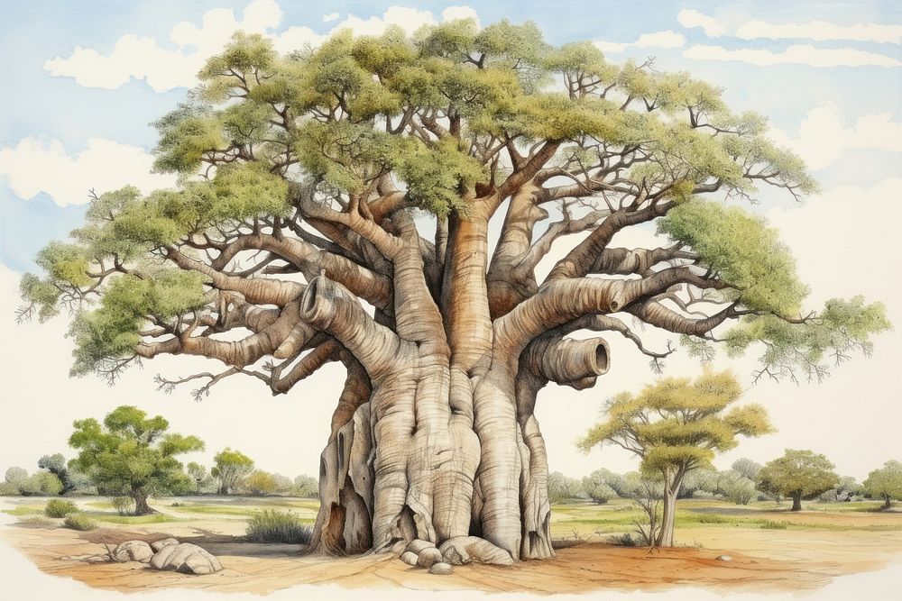 Baobab tree painting illustrated elephant.