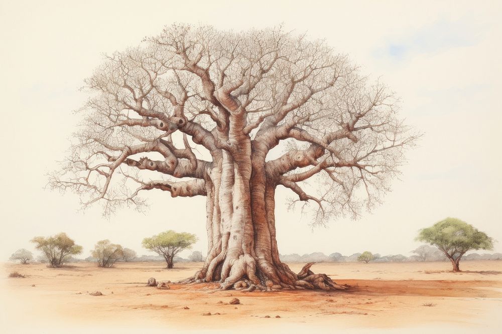 Baobab tree illustrated outdoors drawing.