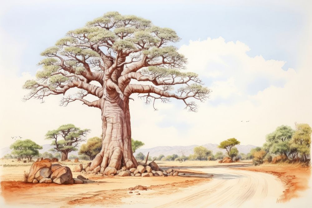 Baobab tree illustrated grassland landscape.