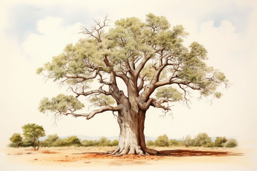 Baobab tree illustrated drawing sketch.
