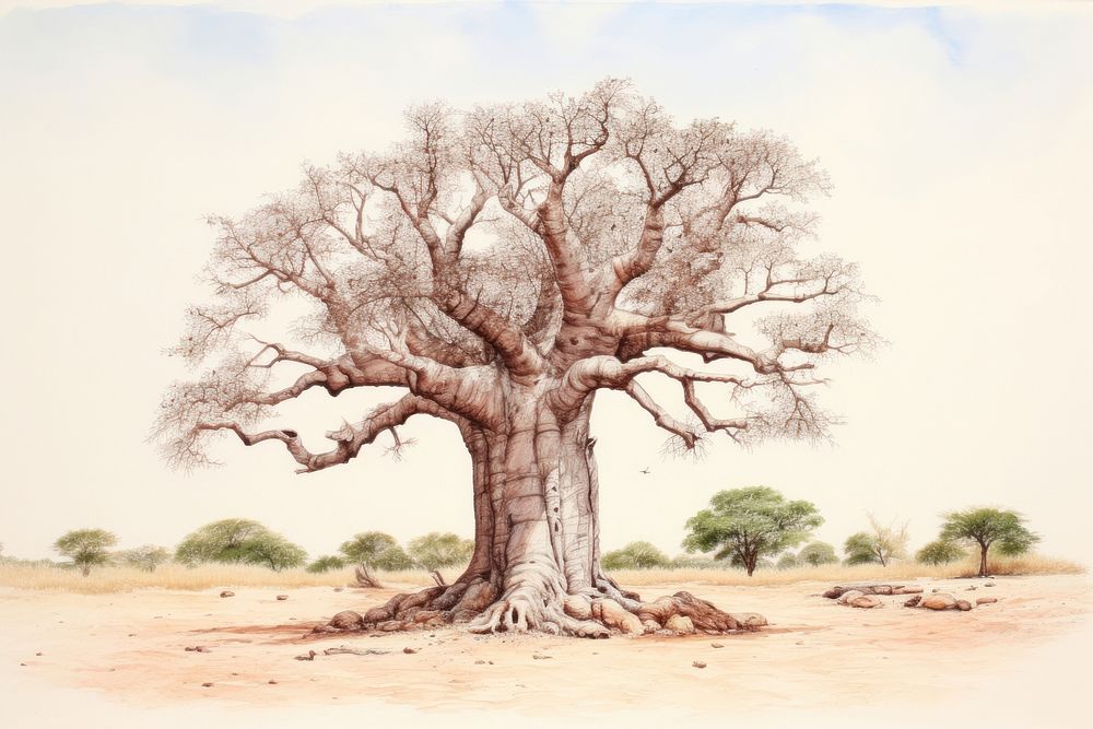 Baobab tree ground illustrated dinosaur.