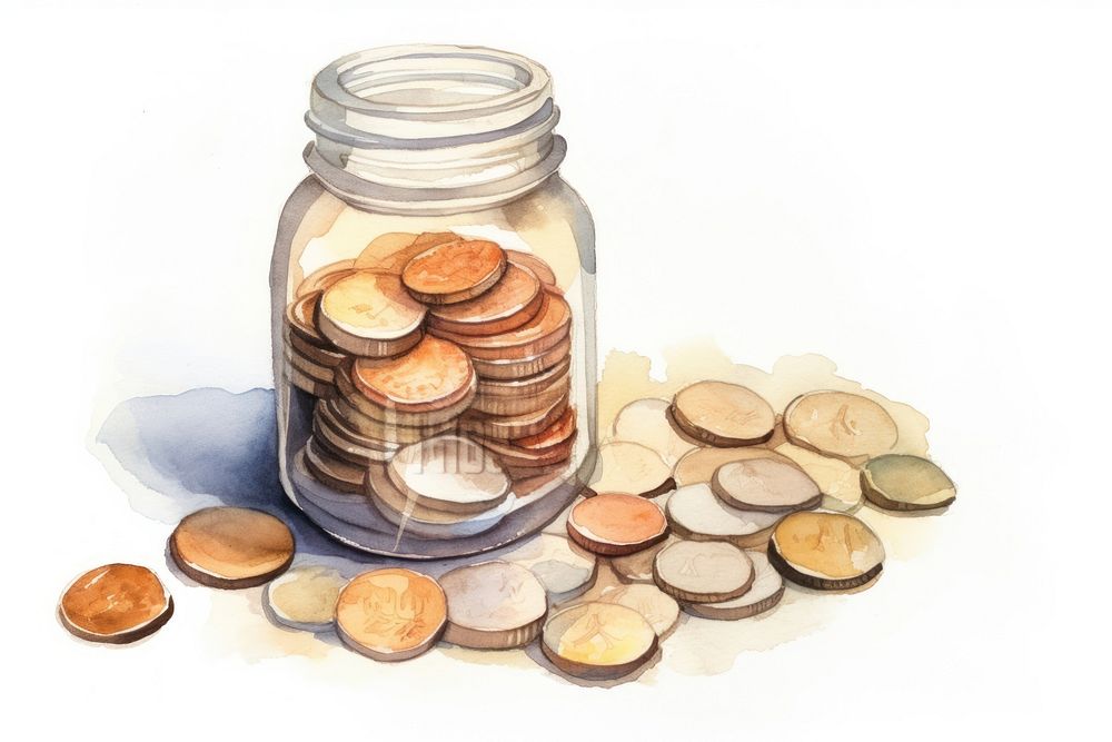 Illustration of coins with money bank bread food jar.