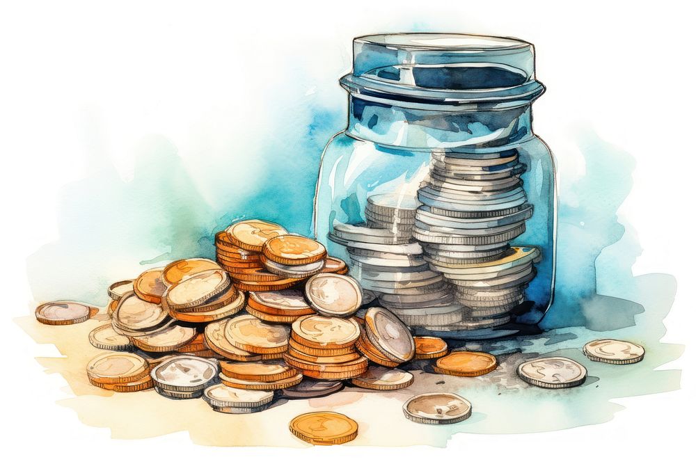 Illustration of coins with money bank jar.