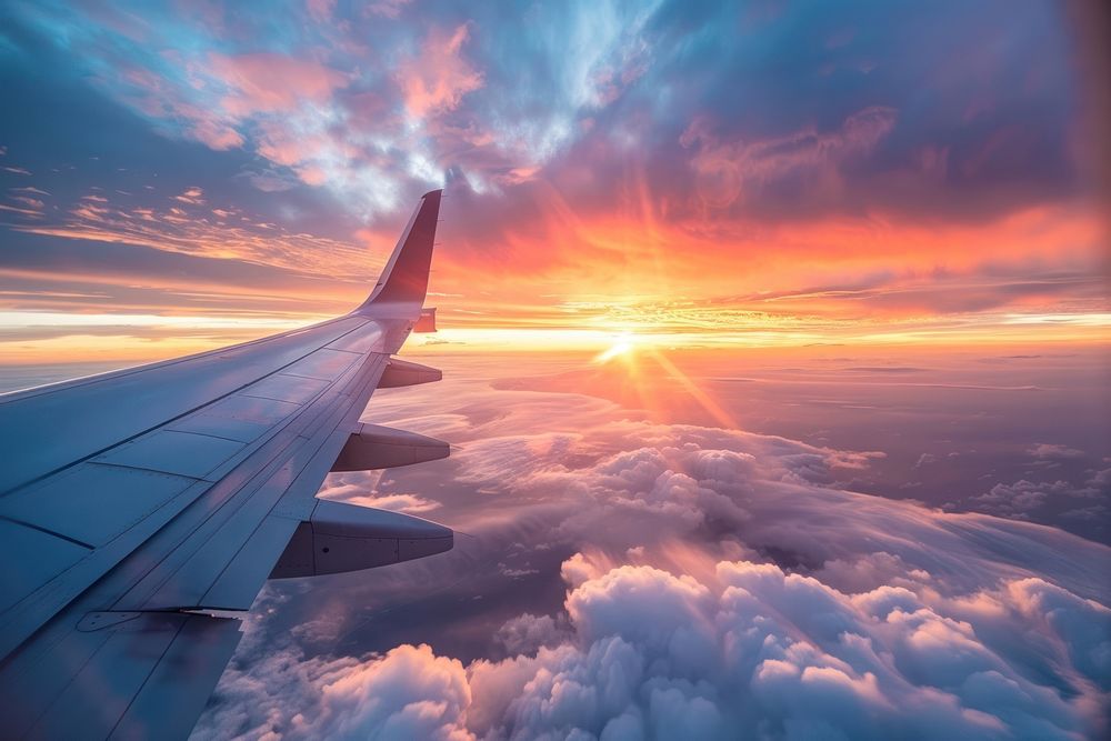 Beautiful sunset sky above clouds airplane transportation outdoors.