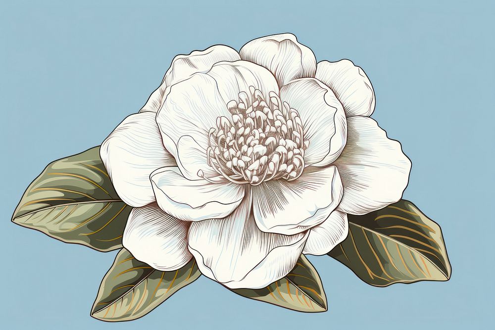 Blue camellia illustrated blossom drawing.