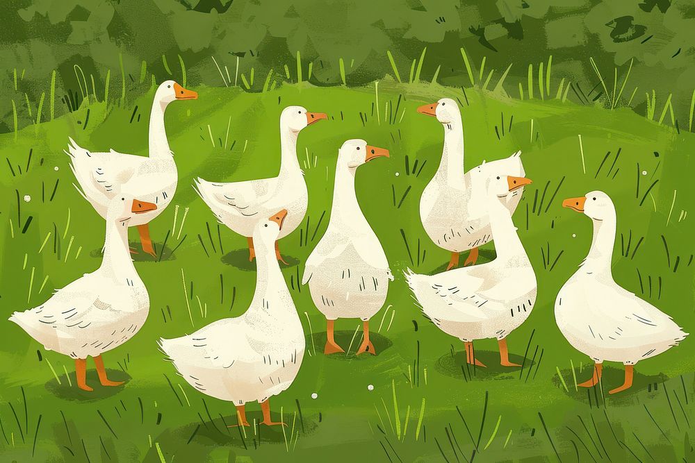 Flock of geese on a green meadow waterfowl penguin animal.