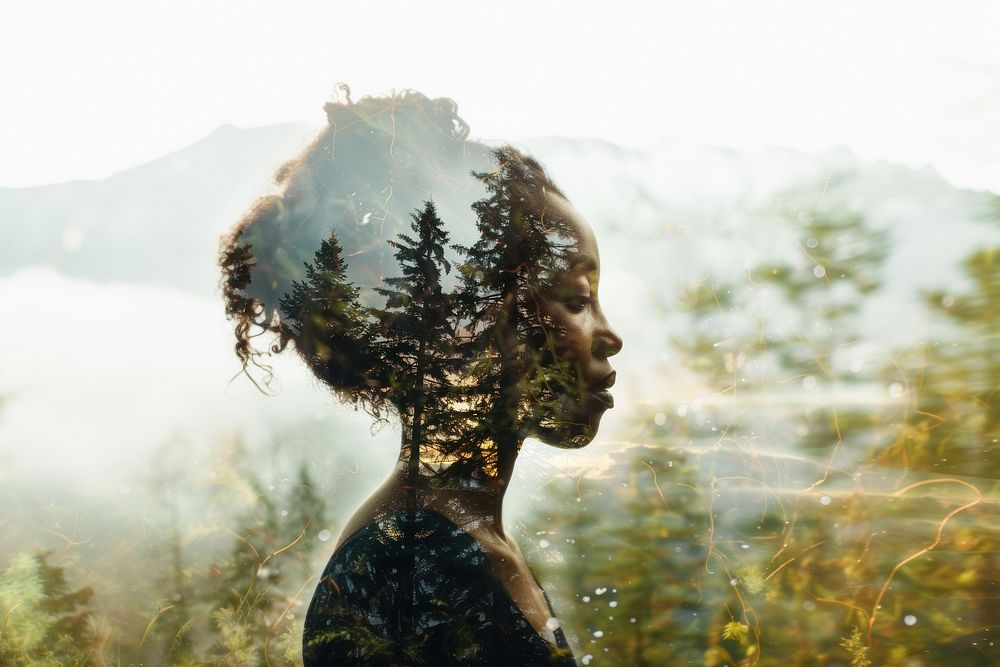Double exposure and forest meditation woman photography vegetation.