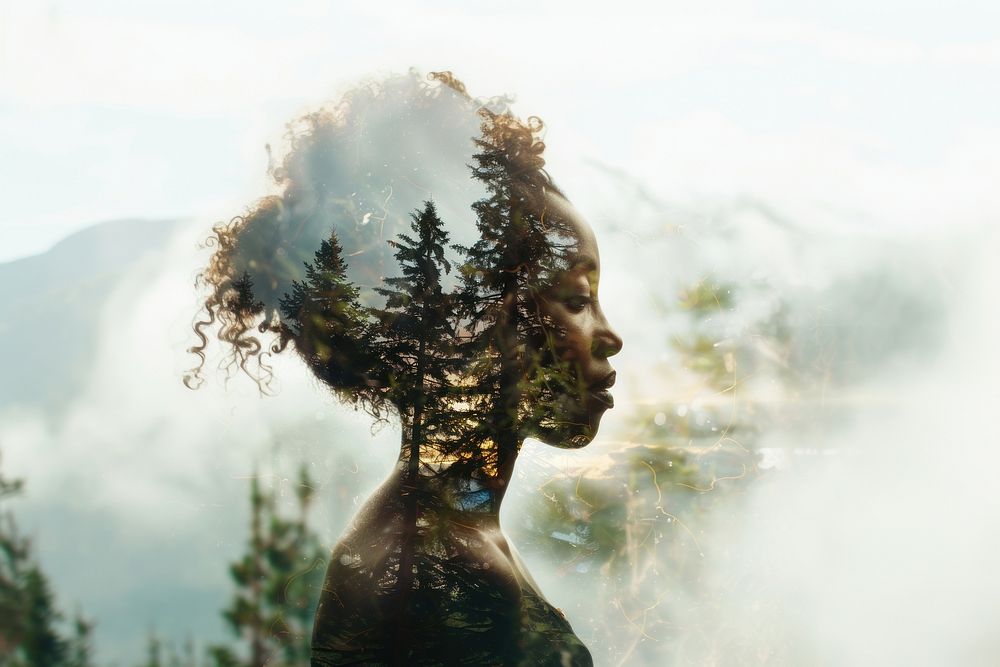 Double exposure and forest meditation woman art photography.