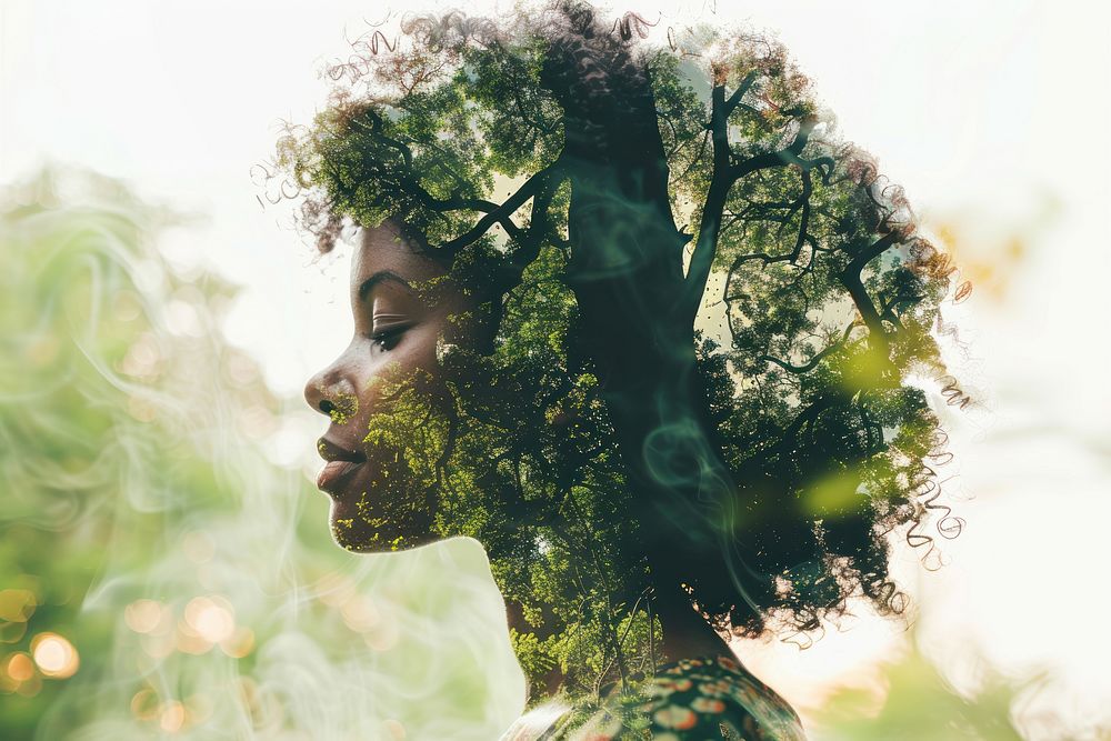 Double exposure and forest meditation woman photography portrait.