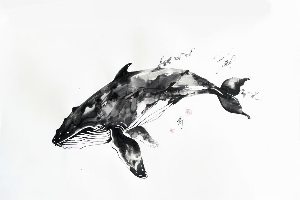 Whale Japanese minimal whale art illustrated.
