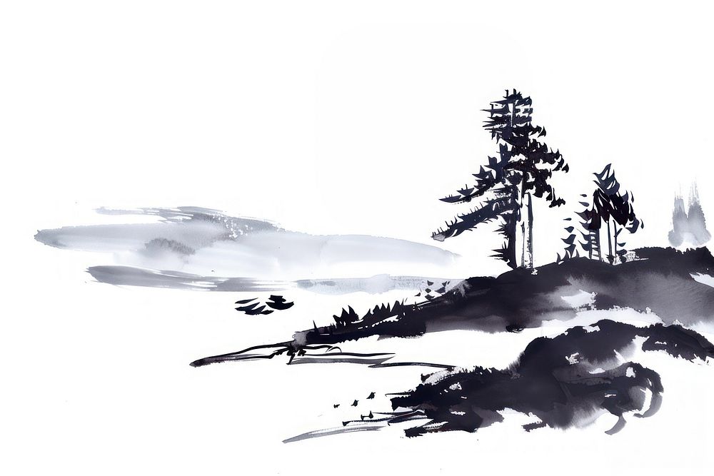 Lake Japanese minimal art illustrated vegetation.
