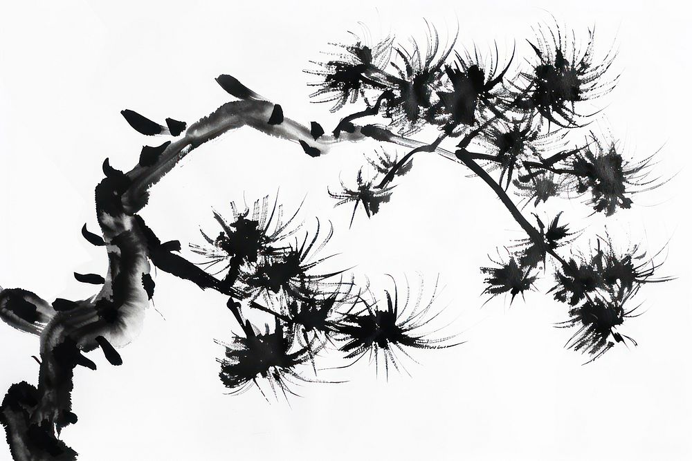 Pine tree Japanese minimal art illustrated silhouette.