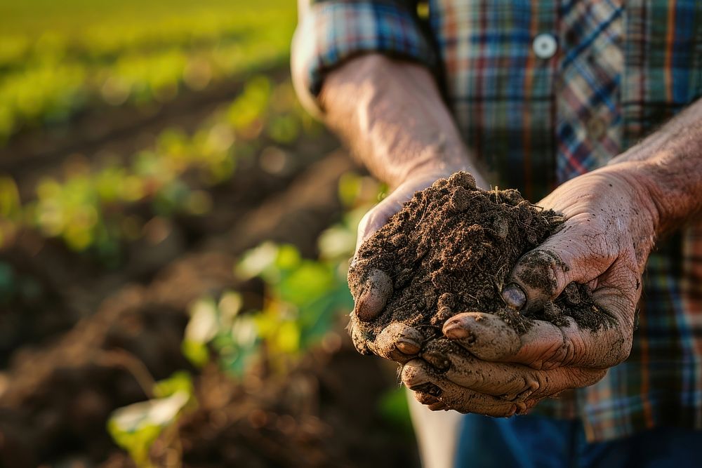 Farmers hands holding soil gardening outdoors nature.