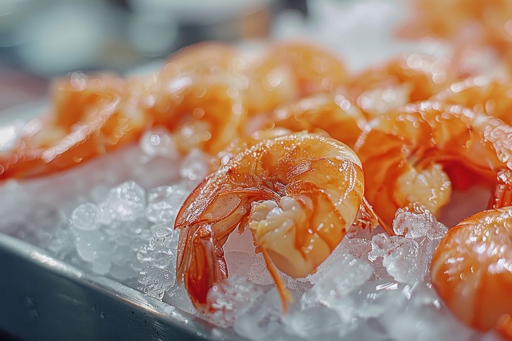 Frozen shrimp in the supermarket invertebrate seafood lobster.