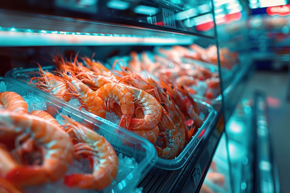 Frozen shrimp in the supermarket invertebrate lobster seafood.