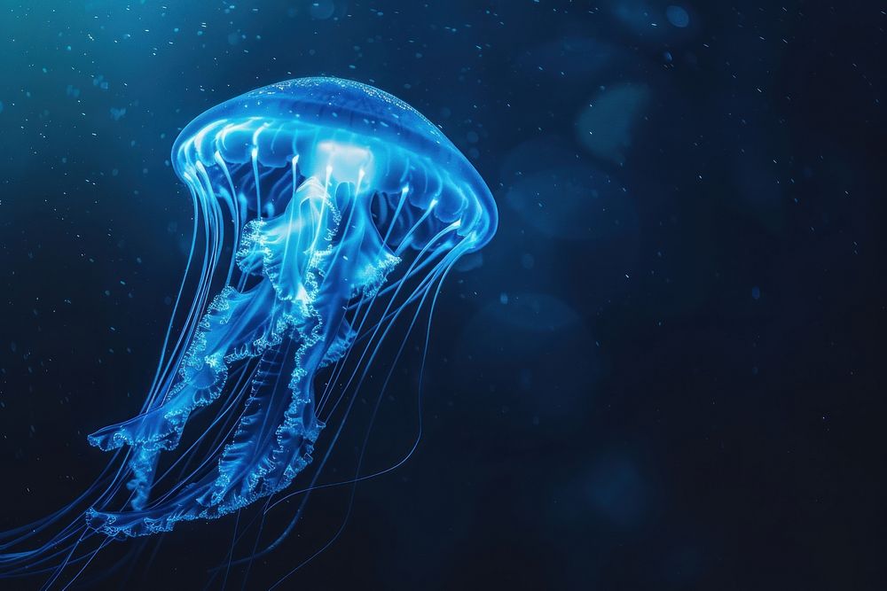 Glowing jellyfish swim deep in blue sea invertebrate animal shark.