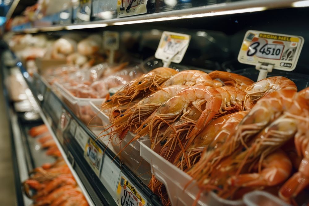 Shrimp in the supermarket indoors seafood bread.