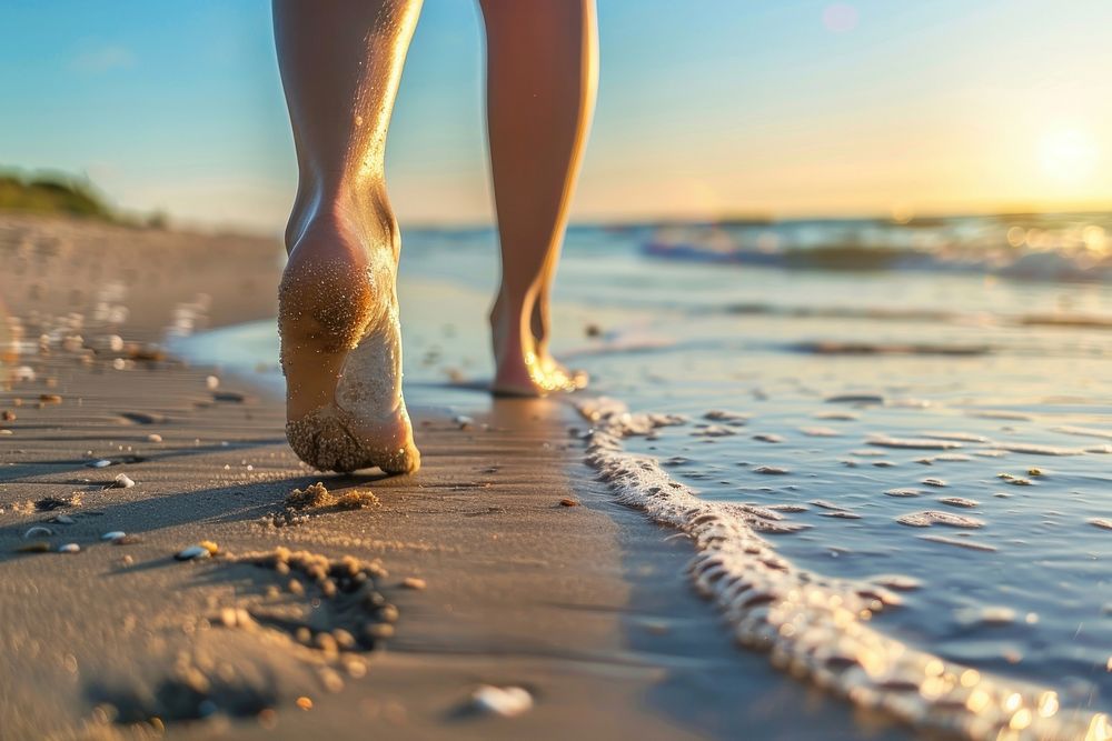 Walking along the beach during sunset person human heel.